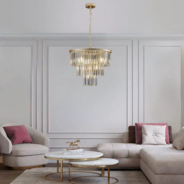 Alt view image 5 of 7 - 20" Luxury 3-Tier Crystal Chandelier, 7-Light Gold Frame Pendant Light, Elegant Ceiling Lighting for Living Room, Dining Room, Bedroom (No Bulbs)