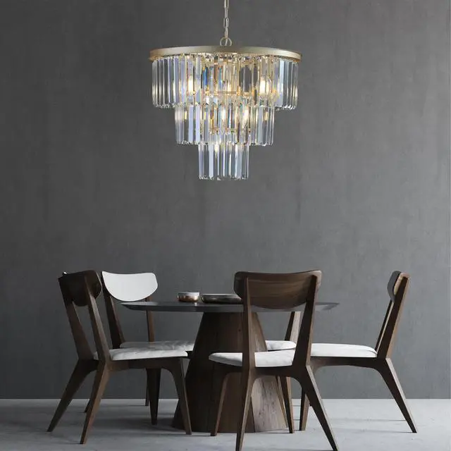Alt view image 3 of 7 - 20" Luxury 3-Tier Crystal Chandelier, 7-Light Gold Frame Pendant Light, Elegant Ceiling Lighting for Living Room, Dining Room, Bedroom (No Bulbs)