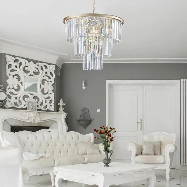 Alt view image 6 of 7 - 20" Luxury 3-Tier Crystal Chandelier, 7-Light Gold Frame Pendant Light, Elegant Ceiling Lighting for Living Room, Dining Room, Bedroom (No Bulbs)