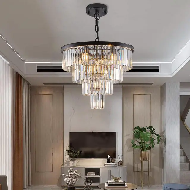 Alt view image 3 of 7 - 24" Contemporary Crystal Modern Chandeliers Crystal Ceiling Chandelier 4 Tier Black Chandelier Lighting for Dining Room Living Room Bedroom (Bulbs Not included)