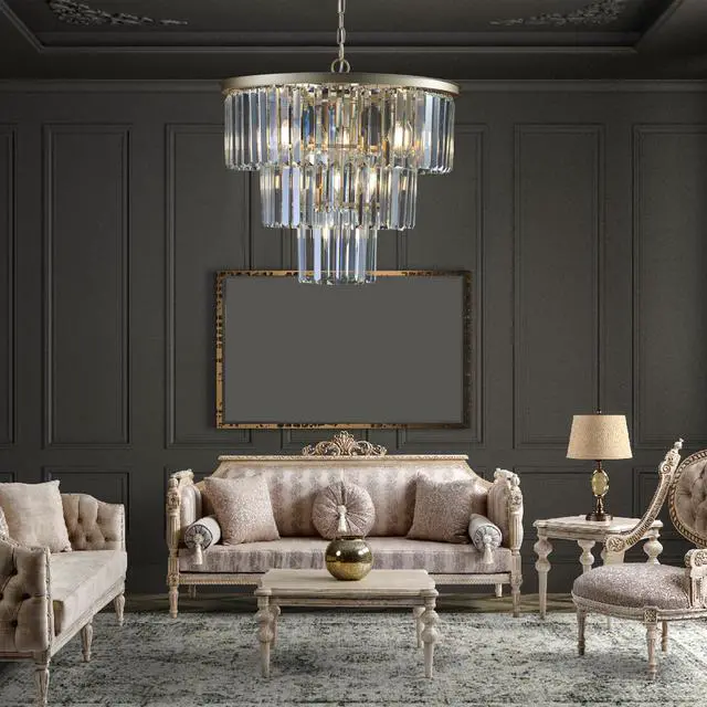 Alt view image 4 of 7 - 20" Luxury 3-Tier Crystal Chandelier, 7-Light Gold Frame Pendant Light, Elegant Ceiling Lighting for Living Room, Dining Room, Bedroom (No Bulbs)