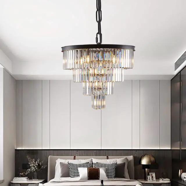 Alt view image 2 of 7 - 24" Contemporary Crystal Modern Chandeliers Crystal Ceiling Chandelier 4 Tier Black Chandelier Lighting for Dining Room Living Room Bedroom (Bulbs Not included)