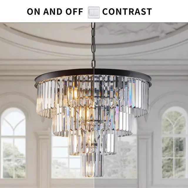 Alt view image 7 of 7 - 24" Contemporary Crystal Modern Chandeliers Crystal Ceiling Chandelier 4 Tier Black Chandelier Lighting for Dining Room Living Room Bedroom (Bulbs Not included)