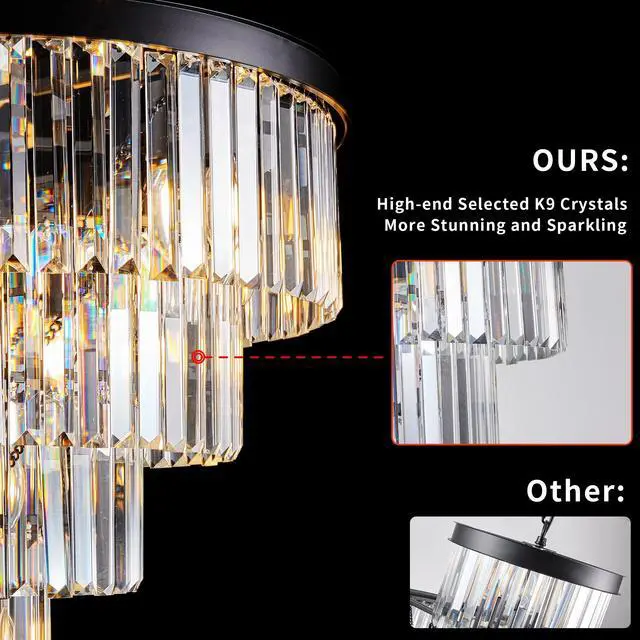 Alt view image 6 of 7 - 24" Contemporary Crystal Modern Chandeliers Crystal Ceiling Chandelier 4 Tier Black Chandelier Lighting for Dining Room Living Room Bedroom (Bulbs Not included)