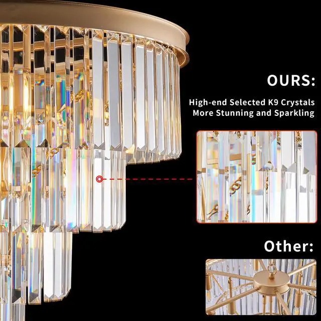 Alt view image 7 of 7 - 24" Contemporary Crystal Modern Chandeliers Crystal Ceiling Chandelier 4 Tier Golden Chandelier Lighting for Dining Room Living Room Bedroom (Bulbs Not included)