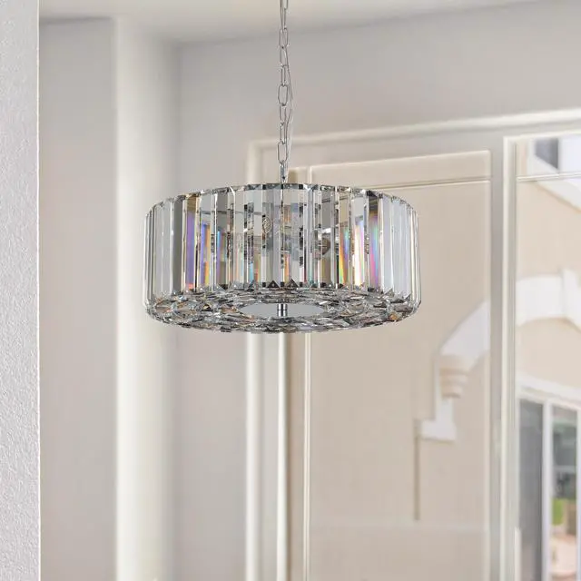 Alt view image 4 of 7 - 17" Chrome Crystal Pendant Chandelier, Modern Hanging Light Fixture with Adjustable Height, 4-Light E26 Base for Living Room, Dining Room, Or Kitchen (No Bulbs)