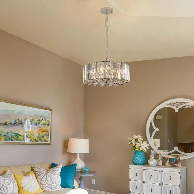 Alt view image 5 of 7 - 17" Chrome Crystal Pendant Chandelier, Modern Hanging Light Fixture with Adjustable Height, 4-Light E26 Base for Living Room, Dining Room, Or Kitchen (No Bulbs)
