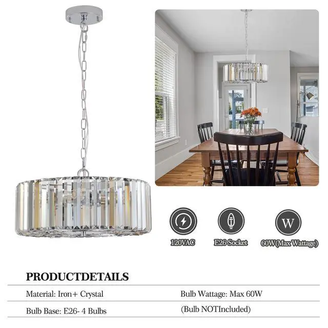 Alt view image 7 of 7 - 17" Chrome Crystal Pendant Chandelier, Modern Hanging Light Fixture with Adjustable Height, 4-Light E26 Base for Living Room, Dining Room, Or Kitchen (No Bulbs)