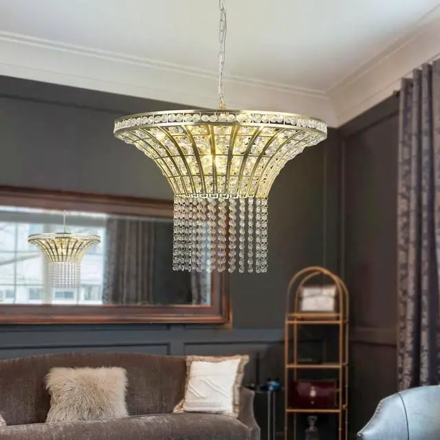 Main image of 24" Modern Crystal Round Chandelier with Gold Finish, Elegant Pendant Light with Cascading Beads, for Dining Room, Living Room, Or Foyer (No Bulbs)