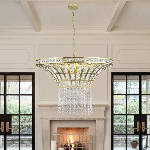 Alt view image 4 of 7 - 24" Modern Crystal Round Chandelier with Gold Finish, Elegant Pendant Light with Cascading Beads, for Dining Room, Living Room, Or Foyer (No Bulbs)