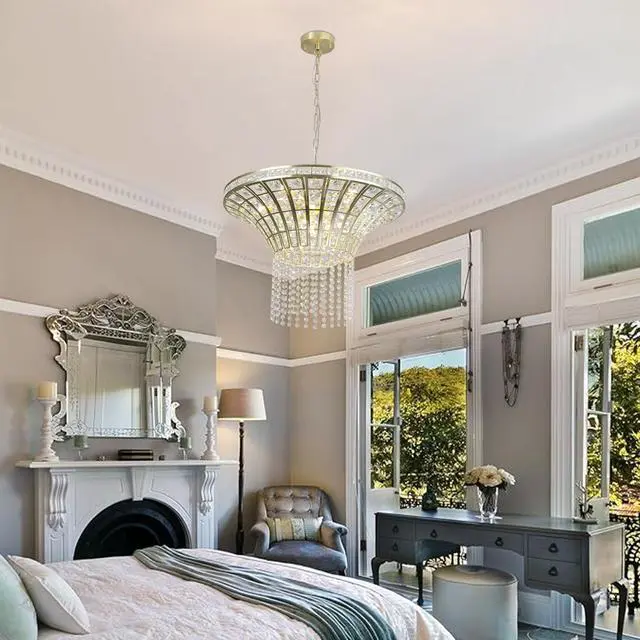 Alt view image 6 of 7 - 24" Modern Crystal Round Chandelier with Gold Finish, Elegant Pendant Light with Cascading Beads, for Dining Room, Living Room, Or Foyer (No Bulbs)