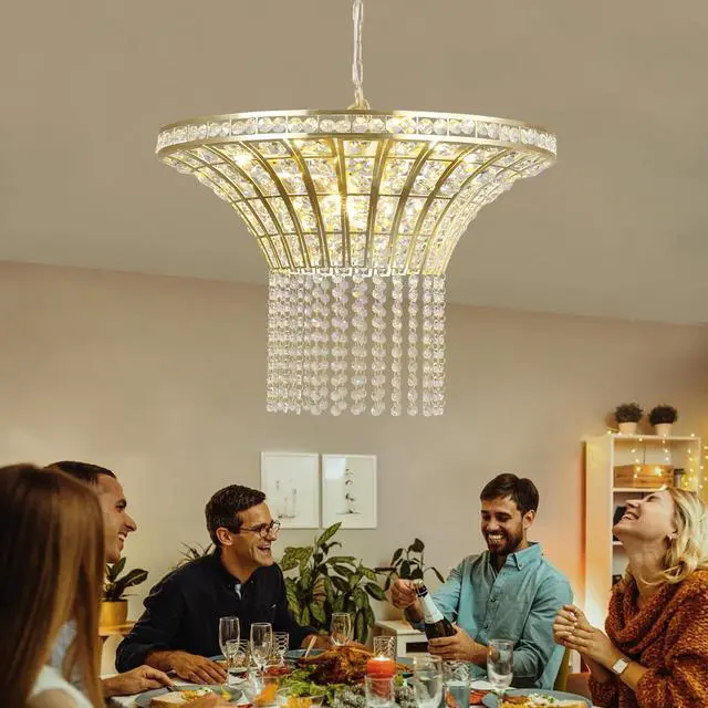 Alt view image 3 of 7 - 24" Modern Crystal Round Chandelier with Gold Finish, Elegant Pendant Light with Cascading Beads, for Dining Room, Living Room, Or Foyer (No Bulbs)
