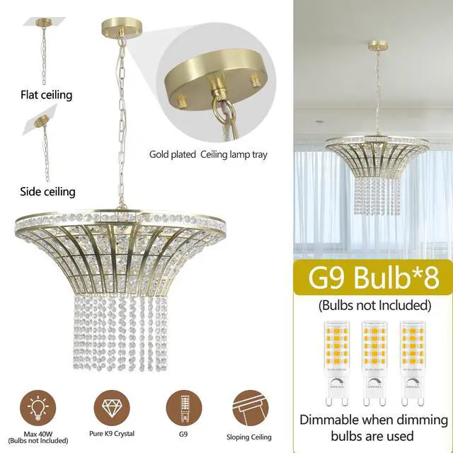 Alt view image 7 of 7 - 24" Modern Crystal Round Chandelier with Gold Finish, Elegant Pendant Light with Cascading Beads, for Dining Room, Living Room, Or Foyer (No Bulbs)