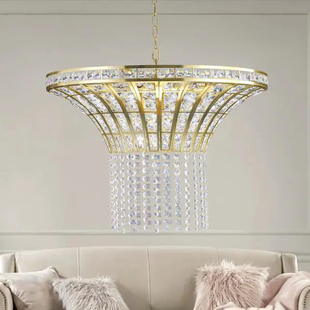Alt view image 5 of 7 - 24" Modern Crystal Round Chandelier with Gold Finish, Elegant Pendant Light with Cascading Beads, for Dining Room, Living Room, Or Foyer (No Bulbs)