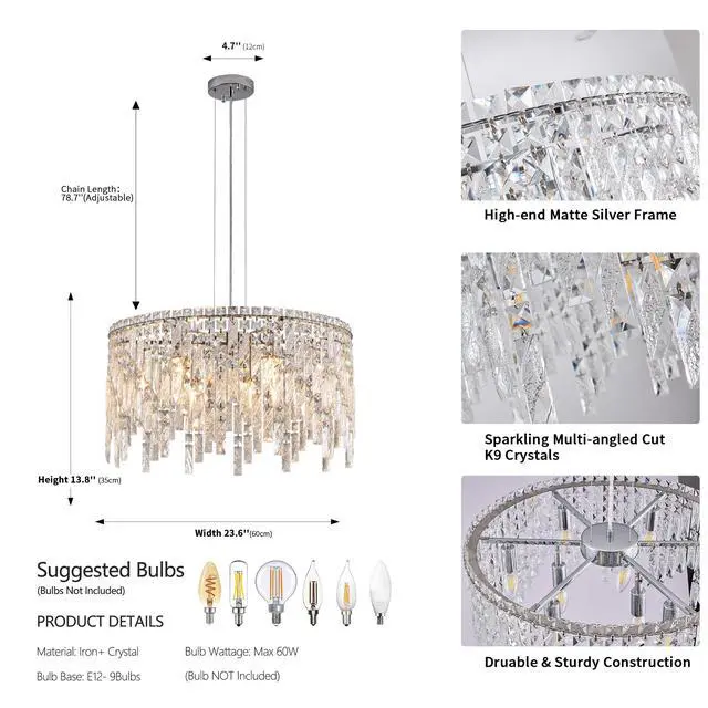 Alt view image 2 of 7 - 24" Luxurious Round Silver Crystal Chandelier, Contemporary Rectangular Pendant Light for Dining Room, Living Room, and Grand Foyers (Bulbs Not included)