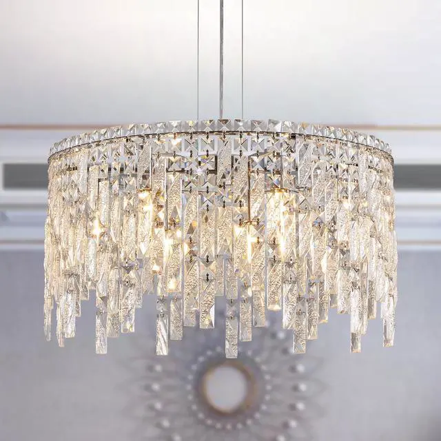 Main image of 24" Luxurious Round Silver Crystal Chandelier, Contemporary Rectangular Pendant Light for Dining Room, Living Room, and Grand Foyers (Bulbs Not included)