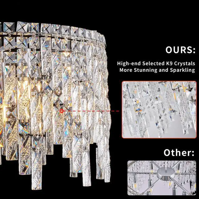 Alt view image 3 of 7 - 24" Luxurious Round Silver Crystal Chandelier, Contemporary Rectangular Pendant Light for Dining Room, Living Room, and Grand Foyers (Bulbs Not included)