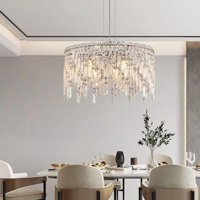 Alt view image 4 of 7 - 24" Luxurious Round Silver Crystal Chandelier, Contemporary Rectangular Pendant Light for Dining Room, Living Room, and Grand Foyers (Bulbs Not included)