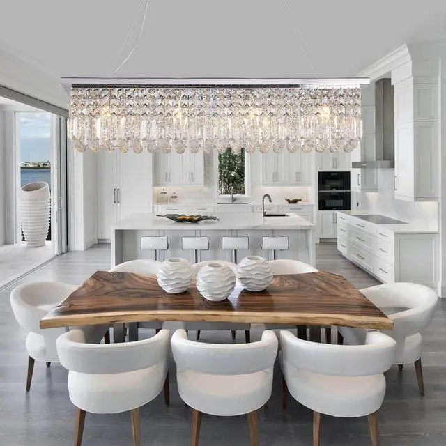 Alt view image 2 of 7 - Modern Crystal Chandelier for Dining Room 8-Light White Rectangle Raindrop Chandelier Contemporary Rectangular Pendant Light Fixture for Kitchen Island Bar L39.4'' x W9.8'' x H8.7'(Bulb Not included)