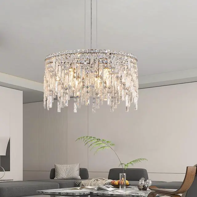 Alt view image 5 of 7 - 24" Luxurious Round Silver Crystal Chandelier, Contemporary Rectangular Pendant Light for Dining Room, Living Room, and Grand Foyers (Bulbs Not included)