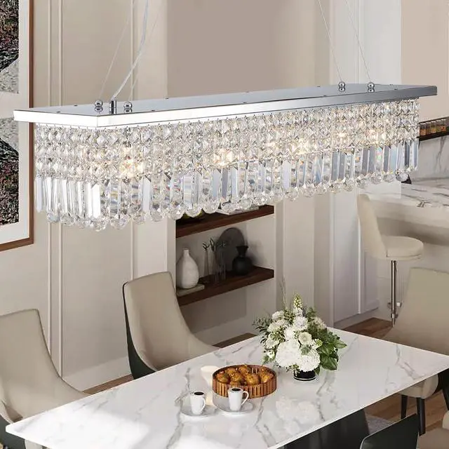 Alt view image 4 of 7 - Modern Crystal Chandelier for Dining Room 8-Light White Rectangle Raindrop Chandelier Contemporary Rectangular Pendant Light Fixture for Kitchen Island Bar L39.4'' x W9.8'' x H8.7'(Bulb Not included)