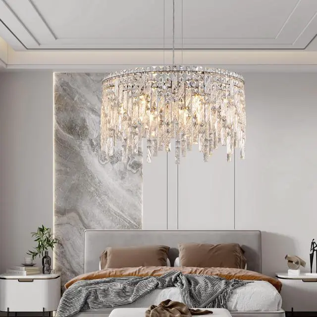 Alt view image 6 of 7 - 24" Luxurious Round Silver Crystal Chandelier, Contemporary Rectangular Pendant Light for Dining Room, Living Room, and Grand Foyers (Bulbs Not included)