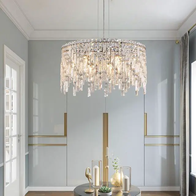 Alt view image 7 of 7 - 24" Luxurious Round Silver Crystal Chandelier, Contemporary Rectangular Pendant Light for Dining Room, Living Room, and Grand Foyers (Bulbs Not included)