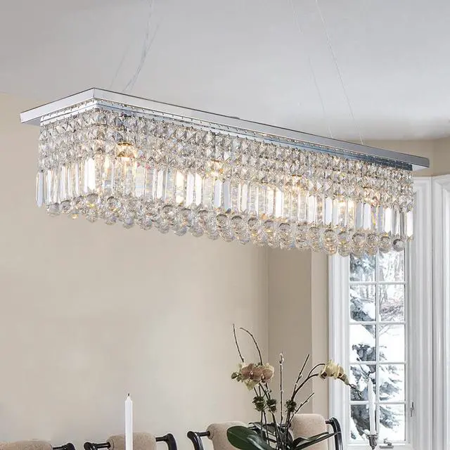 Alt view image 5 of 7 - Modern Crystal Chandelier for Dining Room 8-Light White Rectangle Raindrop Chandelier Contemporary Rectangular Pendant Light Fixture for Kitchen Island Bar L39.4'' x W9.8'' x H8.7'(Bulb Not included)