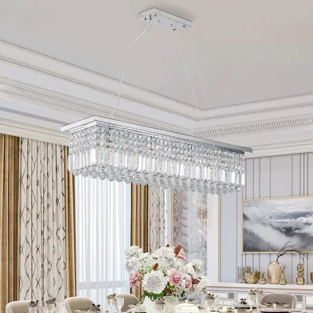 Alt view image 3 of 7 - Modern Crystal Chandelier for Dining Room 8-Light White Rectangle Raindrop Chandelier Contemporary Rectangular Pendant Light Fixture for Kitchen Island Bar L39.4'' x W9.8'' x H8.7'(Bulb Not included)