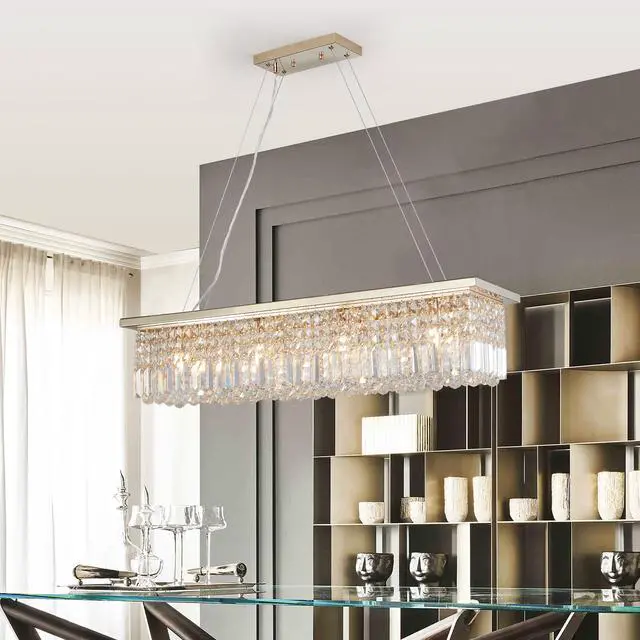 Alt view image 3 of 7 - Modern Crystal Chandelier for Dining Room 8-Light Gold Rectangle Raindrop Chandelier Contemporary Rectangular Pendant Light Fixture for Kitchen Island Bar L39.4'' x W9.8'' x H8.7'(Bulb Not included)