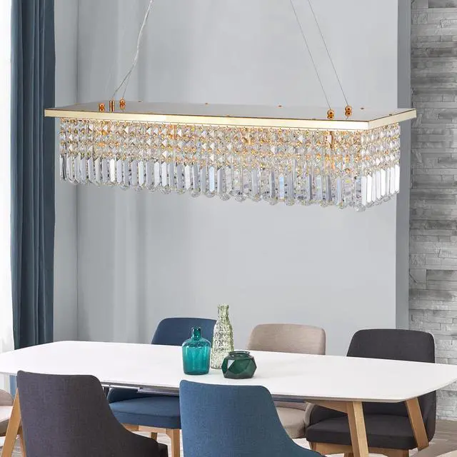 Alt view image 4 of 7 - Modern Crystal Chandelier for Dining Room 8-Light Gold Rectangle Raindrop Chandelier Contemporary Rectangular Pendant Light Fixture for Kitchen Island Bar L39.4'' x W9.8'' x H8.7'(Bulb Not included)