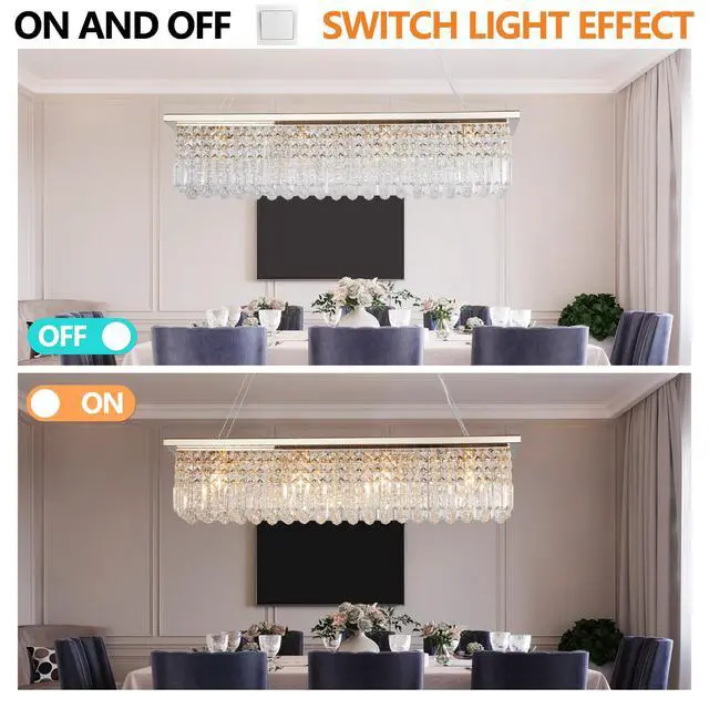 Alt view image 6 of 7 - Modern Crystal Chandelier for Dining Room 8-Light Gold Rectangle Raindrop Chandelier Contemporary Rectangular Pendant Light Fixture for Kitchen Island Bar L39.4'' x W9.8'' x H8.7'(Bulb Not included)
