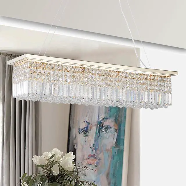 Alt view image 5 of 7 - Modern Crystal Chandelier for Dining Room 8-Light Gold Rectangle Raindrop Chandelier Contemporary Rectangular Pendant Light Fixture for Kitchen Island Bar L39.4'' x W9.8'' x H8.7'(Bulb Not included)