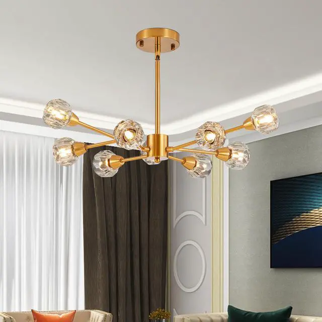 Alt view image 2 of 7 - 28" Modern Crystal Chandeliers, 9 Lights Golden Chandelier for Living Room Bedroom, Dining Room Chandelier Over Table, Kitchen Light Fixtures (Bulbs Not included)