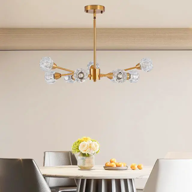 Alt view image 3 of 7 - 28" Modern Crystal Chandeliers, 9 Lights Golden Chandelier for Living Room Bedroom, Dining Room Chandelier Over Table, Kitchen Light Fixtures (Bulbs Not included)