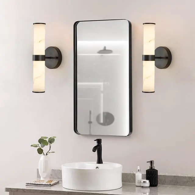 Main image of Resin Imitation Marble Texture Wall Light with Black Iron Metal Frame,Set Of 2,Elegant Lighting Fixtures for Hallways,Bathrooms,and Bedrooms (only indoor)