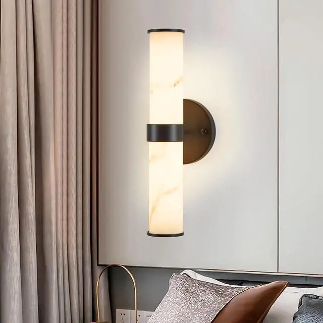 Alt view image 5 of 7 - Resin Imitation Marble Texture Wall Light with Black Iron Metal Frame,Set Of 2,Elegant Lighting Fixtures for Hallways,Bathrooms,and Bedrooms (only indoor)