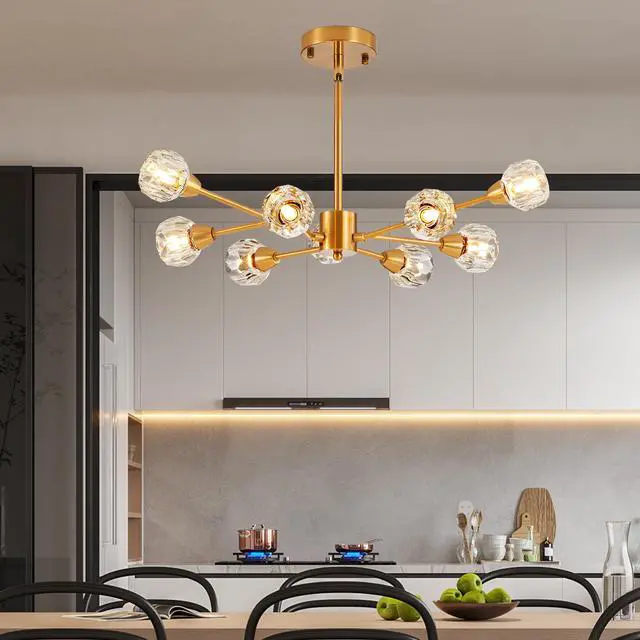 Alt view image 4 of 7 - 28" Modern Crystal Chandeliers, 9 Lights Golden Chandelier for Living Room Bedroom, Dining Room Chandelier Over Table, Kitchen Light Fixtures (Bulbs Not included)