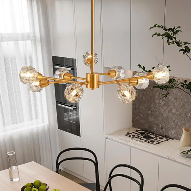 Alt view image 5 of 7 - 28" Modern Crystal Chandeliers, 9 Lights Golden Chandelier for Living Room Bedroom, Dining Room Chandelier Over Table, Kitchen Light Fixtures (Bulbs Not included)