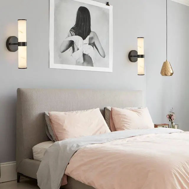 Alt view image 3 of 7 - Resin Imitation Marble Texture Wall Light with Black Iron Metal Frame,Set Of 2,Elegant Lighting Fixtures for Hallways,Bathrooms,and Bedrooms (only indoor)