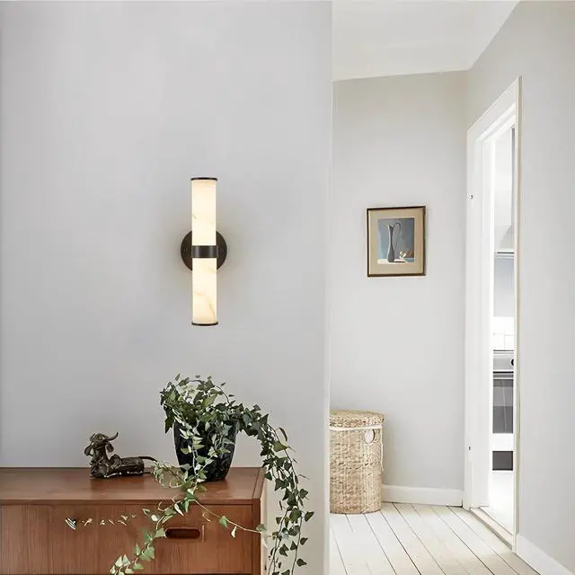 Alt view image 6 of 7 - Resin Imitation Marble Texture Wall Light with Black Iron Metal Frame,Set Of 2,Elegant Lighting Fixtures for Hallways,Bathrooms,and Bedrooms (only indoor)