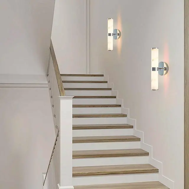 Alt view image 2 of 7 - Resin Imitation Marble and Chrome Wall Sconce, Set Of 2,Modern Vertical Light Fixture for Bathrooms, Hallways, and Bedrooms (only indoor)