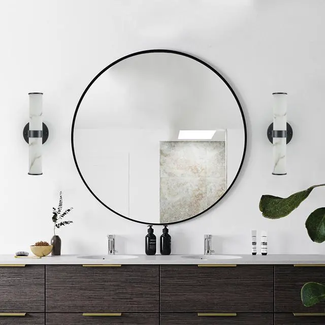 Alt view image 7 of 7 - Resin Imitation Marble Texture Wall Light with Black Iron Metal Frame,Set Of 2,Elegant Lighting Fixtures for Hallways,Bathrooms,and Bedrooms (only indoor)