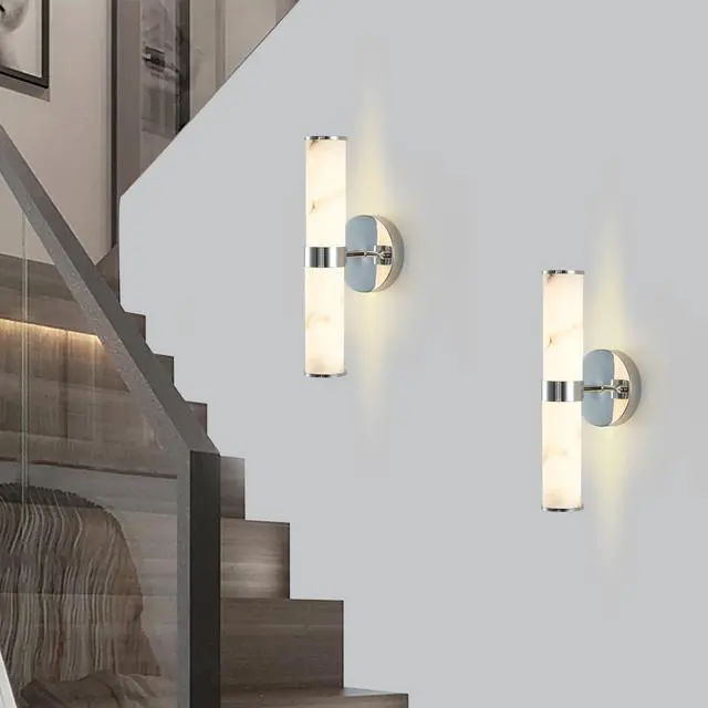 Main image of Resin Imitation Marble and Chrome Wall Sconce, Set Of 2,Modern Vertical Light Fixture for Bathrooms, Hallways, and Bedrooms (only indoor)