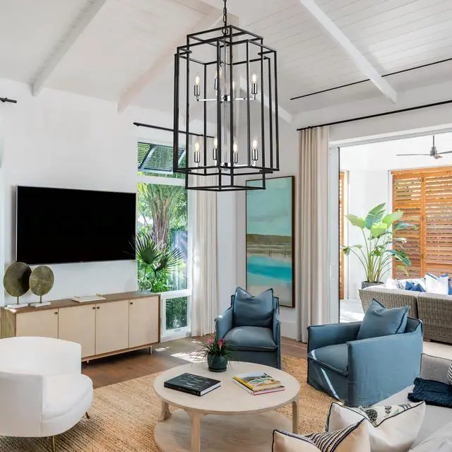 Alt view image 6 of 7 - 18" Modern 8-Light Black & Chrome Geometric Pendant Chandelier, industrial Metal Frame, Adjustable Hanging Light for Living Room, Dining Room, Kitchen (No Bulbs)