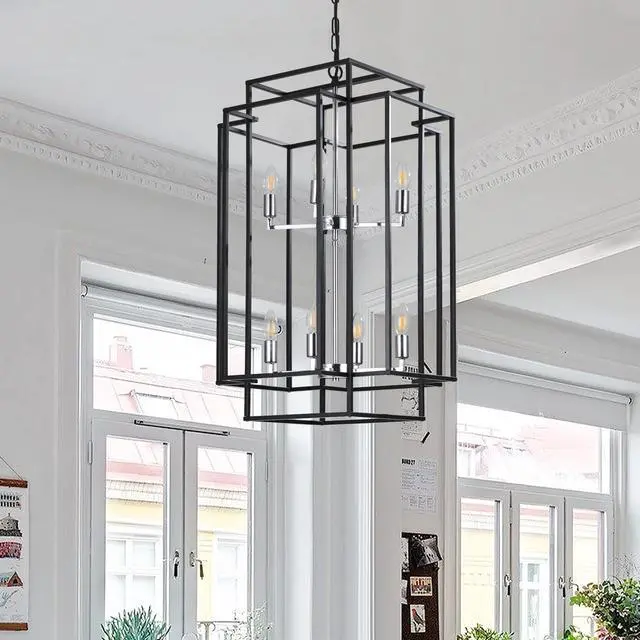 Alt view image 7 of 7 - 18" Modern 8-Light Black & Chrome Geometric Pendant Chandelier, industrial Metal Frame, Adjustable Hanging Light for Living Room, Dining Room, Kitchen (No Bulbs)