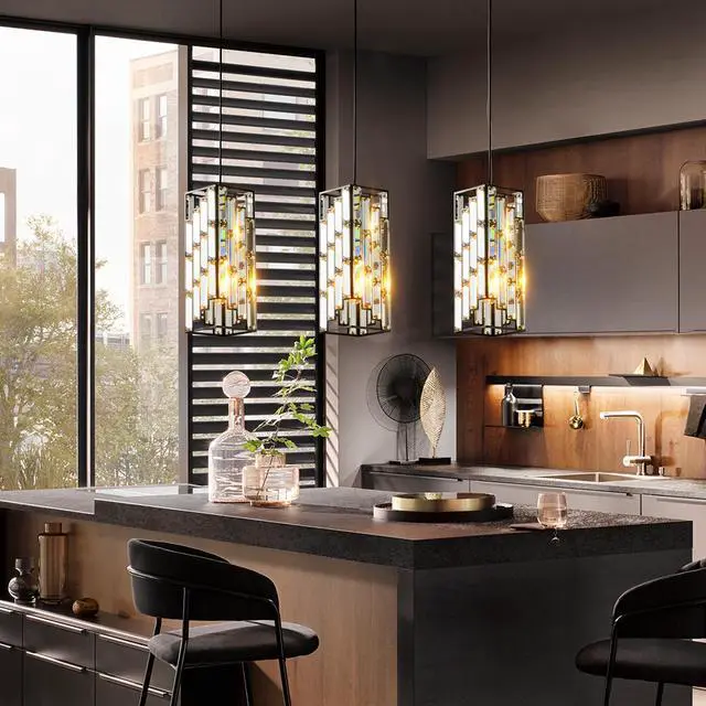 Alt view image 3 of 7 - 4" Modern Crystal Pendant Light - 3 Pack, Adjustable Hanging Ceiling Lamp with Crystal Prism Design for Dining Room, Kitchen Island, and Living Room -Black Finish