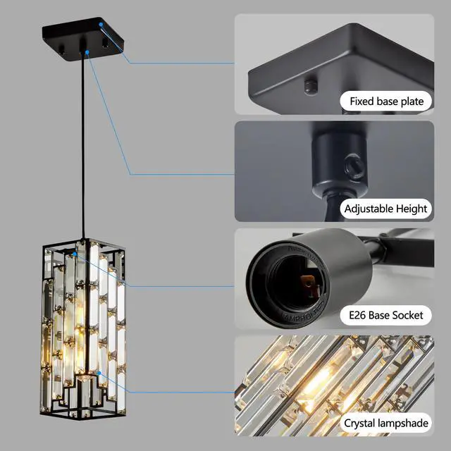 Alt view image 6 of 7 - 4" Modern Crystal Pendant Light - 3 Pack, Adjustable Hanging Ceiling Lamp with Crystal Prism Design for Dining Room, Kitchen Island, and Living Room -Black Finish