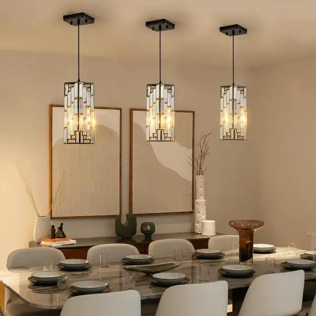 Alt view image 4 of 7 - 4" Modern Crystal Pendant Light - 3 Pack, Adjustable Hanging Ceiling Lamp with Crystal Prism Design for Dining Room, Kitchen Island, and Living Room -Black Finish