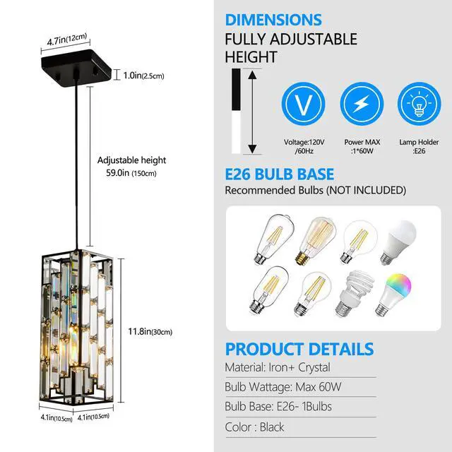 Alt view image 5 of 7 - 4" Modern Crystal Pendant Light - 3 Pack, Adjustable Hanging Ceiling Lamp with Crystal Prism Design for Dining Room, Kitchen Island, and Living Room -Black Finish